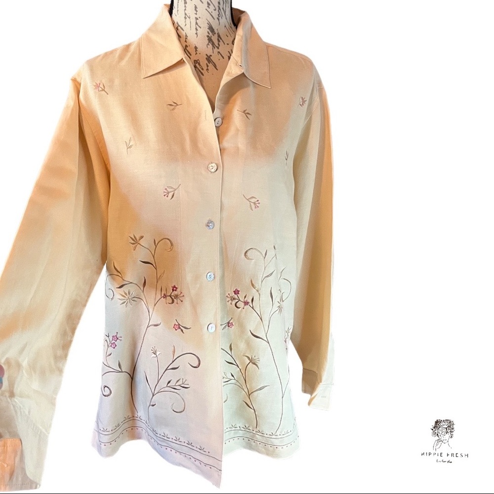 Talbots Vintage Linen Blend Embroidered Buttoned Down Blouse Size S